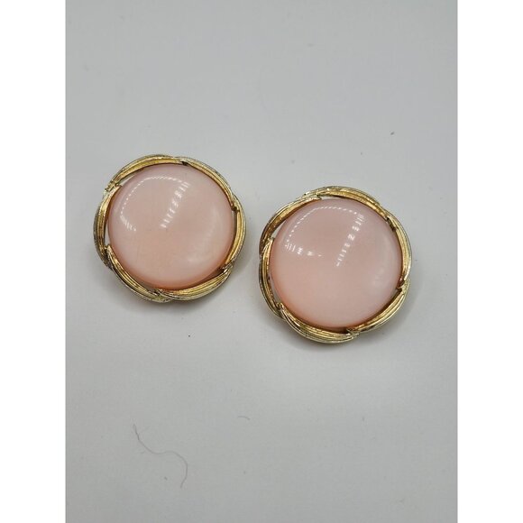 Vintage Lisner Pink & Gold-Tone Round Clip-On Earrings - Picture 1 of 3